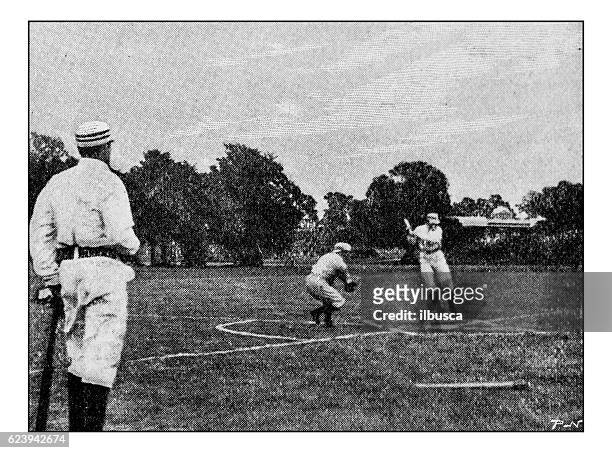 antique dotprinted photograph of hobbies and sports: baseball - baseball sport stock illustrations