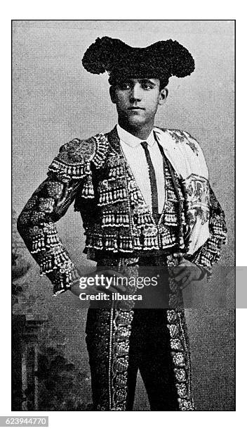 antique dotprinted photograph of hobbies and sports: bull fighting - bullfighting stock illustrations