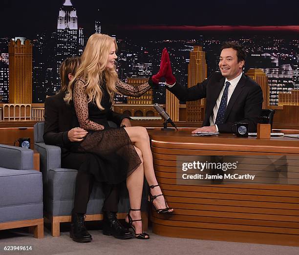 Keith Urban, Nicole Kidman and host Jimmy Fallon during a segment on "The Tonight Show Starring Jimmy Fallon" at Rockefeller Center on November 16,...