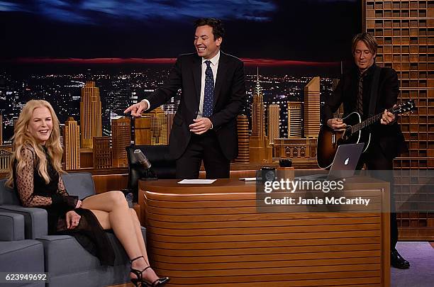 Nicole Kidman; host Jimmy Fallon and Keith Urban during a segment on "The Tonight Show Starring Jimmy Fallon" at Rockefeller Center on November 16,...