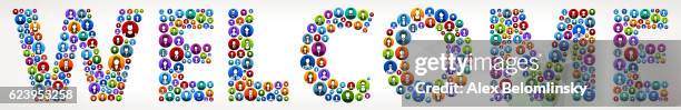 welcome people circle vector graphic illustration. - hello in multiple languages stock illustrations