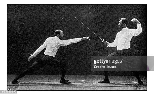 antique dotprinted photograph of hobbies and sports: fencing - fencing sport stock illustrations