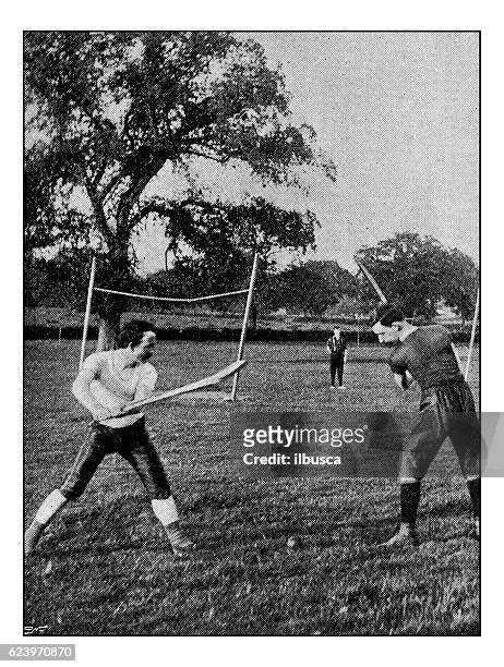 antike punktgedruckte fotografie von hobbys und sport: irish hurling - irische kultur stock-grafiken, -clipart, -cartoons und -symbole