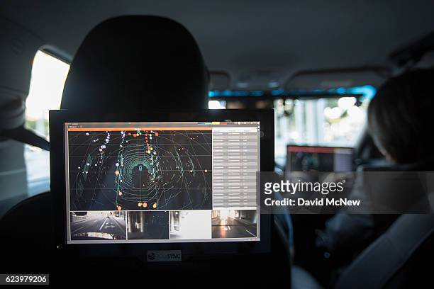 Data from LIDAR, radar, cameras and GPS units are seen inside a car equipped with using PolySync autonomy system development for creating and...