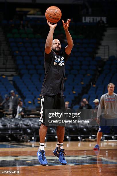 John Lucas III of the Minnesota Timberwolves warms up before the game against the Philadelphia 76ers on November 17, 2016 at Target Center in...