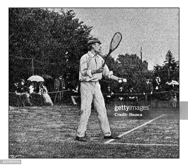 stockillustraties, clipart, cartoons en iconen met antique dotprinted photograph of hobbies and sports: tennis - tennis