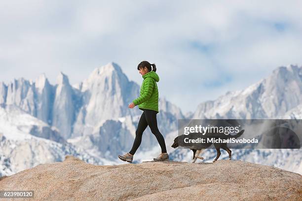 women with her dog in the mountains hiking - dog adventure stock pictures, royalty-free photos & images