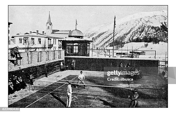 antique dotprinted photograph of hobbies and sports: tennis - vintage tennis player stock illustrations