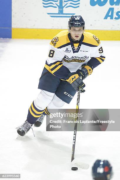 Samuel Bucek of the Shawinigan Cataractes skates with the puck during warmup prior to a game against the Gatineau Olympiques on November 9, 2016 at...