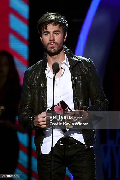 Singer Enrique Iglesias speaks onstage during The 17th Annual Latin Grammy Awards at T-Mobile Arena on November 17, 2016 in Las Vegas, Nevada.