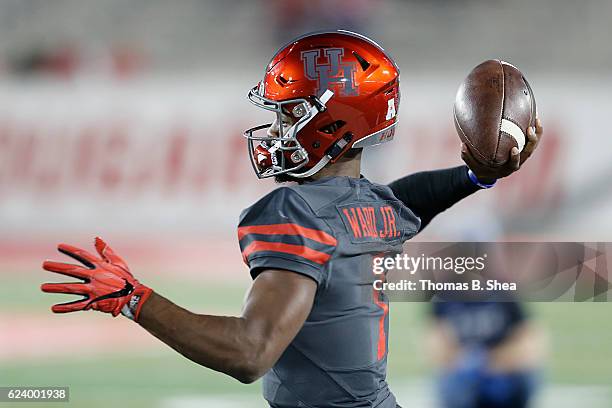 Quarterback Greg Ward Jr. #1 of the Houston Cougars warms up before playing against the Louisville Cardinals at TDECU Stadium on November 17, 2016 in...