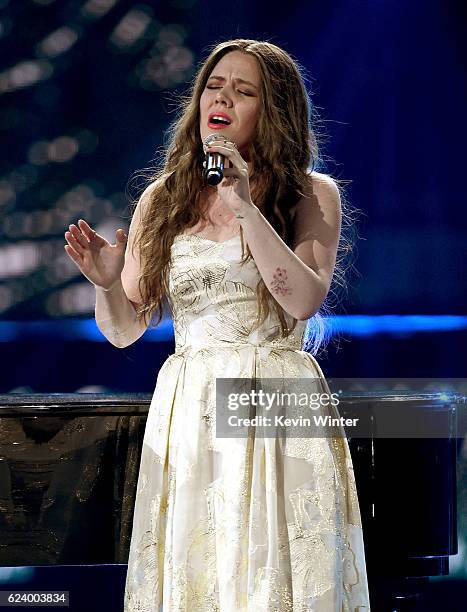 Recording artist Joy Huerta of Jesse y Joy performs onstage during The 17th Annual Latin Grammy Awards at T-Mobile Arena on November 17, 2016 in Las...