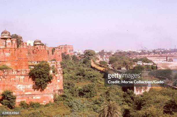 View of the deserted and overgrown land outside the walls of the Jama Masjid Mosque, located in the city of Fatehpur Sikri, in the Agra district of...