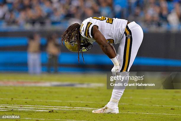 Tyeler Davison of the New Orleans Saints reacts after a missed sack opportunity against the Carolina Panthers in the second quarter during the game...