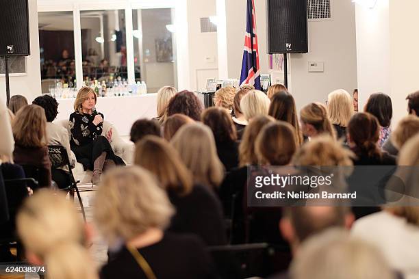 Ariana Huffington speaks on stage during "A Conversation On Trailblazers: Women In The Workplace with Ariana Huffington & Sophie Watts" hosted by...