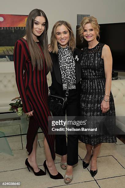 Actors Hailee Steinfeld, Haley Lu Richardson and Kyra Sedgwick attend "A Conversation On Trailblazers: Women In The Workplace with Ariana Huffington...