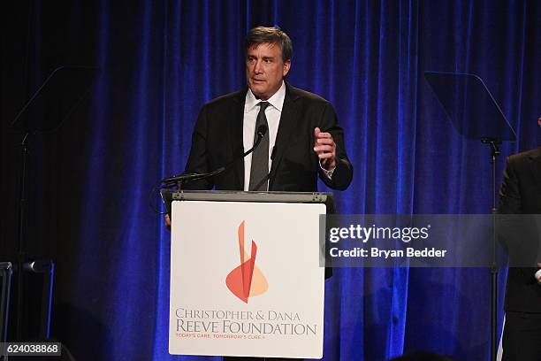 President of the Boston Bruins Cam Neely speaks onstage during the Christopher & Dana Reeve Foundation hosts "A Magical Evening" at Cipriani Wall...