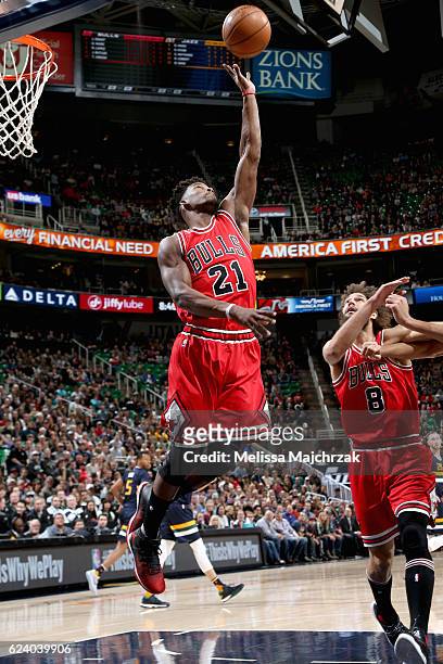 Jimmy Butler of the Chicago Bulls jumps to block the shot against the Utah Jazz on November 17, 2016 at vivint.SmartHome Arena in Salt Lake City,...