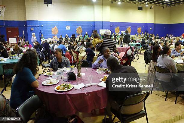Guests attend the Jean Shafiroff & Jay Moorhead Underwrite Annual Community Thanksgiving Dinner at NYC Mission Societyat Minisink Townhouse on...