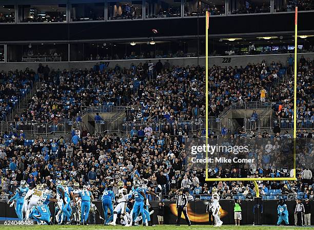 Graham Gano of the Carolina Panthers kicks a field goal against the New Orleans Saints at Bank of America Stadium on November 17, 2016 in Charlotte,...
