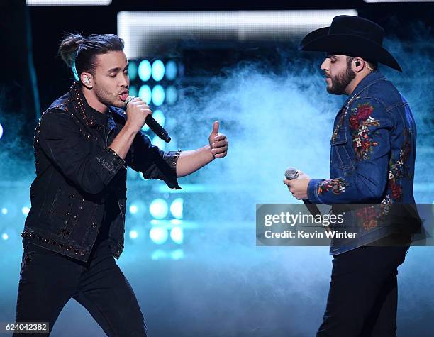 Recording artists Prince Royce and Gerardo Ortiz perform onstage during The 17th Annual Latin Grammy Awards at T-Mobile Arena on November 17, 2016 in...