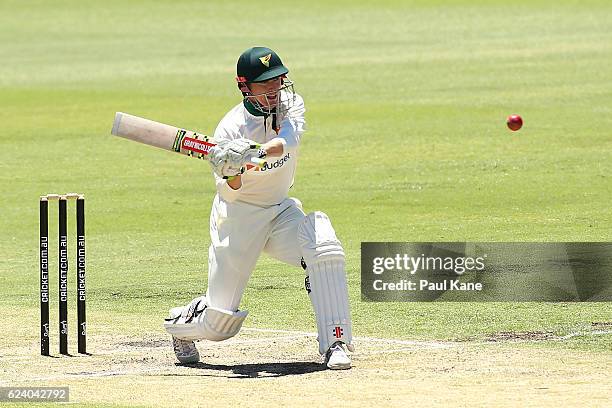 George Bailey of Tasmania bats during day two of the Sheffield Shield match between Western Australia and Tasmania at WACA on November 18, 2016 in...