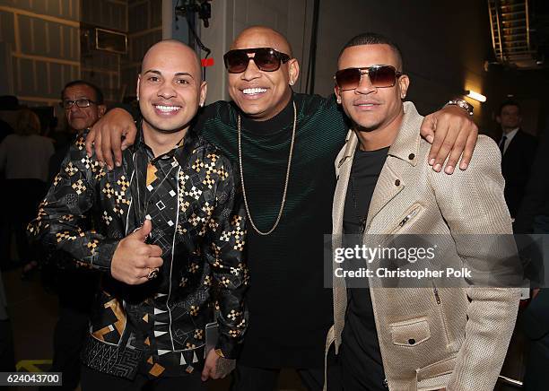 Musicians Jacob Forever, Alexander Delgado and Randy Malcom of Gente de Zona attends The 17th Annual Latin Grammy Awards at T-Mobile Arena on...