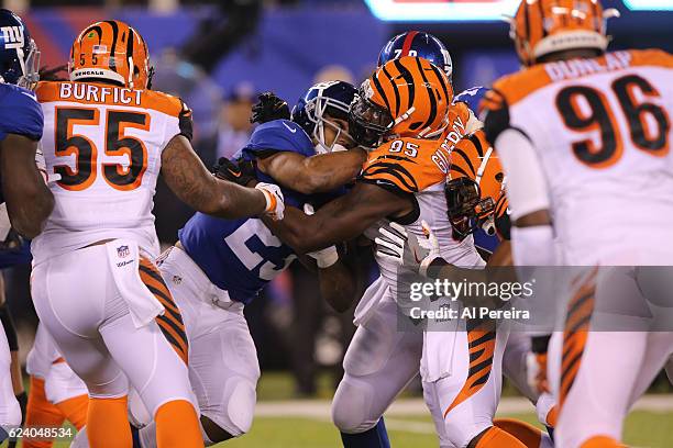 Defensive End Wallace Gilberry of the Cincinnati Bengals makes a stop against the New York Giants in the game at MetLife Stadium on November 14, 2016...