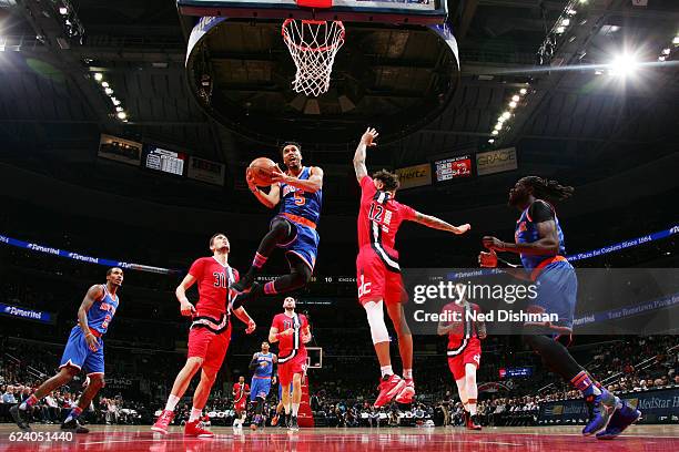 Courtney Lee of the New York Knicks goes for a lay up against the Washington Wizards during the game on November 17, 2016 at Verizon Center in...