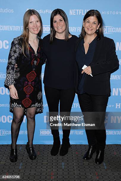 Director of Photography Laela Kilbourn, director Lara Stolman and editor Ann Collins attend the New York premiere of "Swim Team" at DOC NYC on...