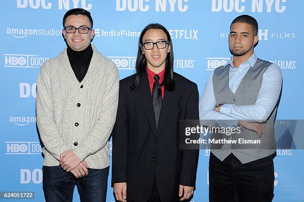 Mikey McQuay Jr., Kelvin Truong and Robbie Justino attend the New York premiere of "Swim Team" at DOC NYC on November 17, 2016 in New York City.