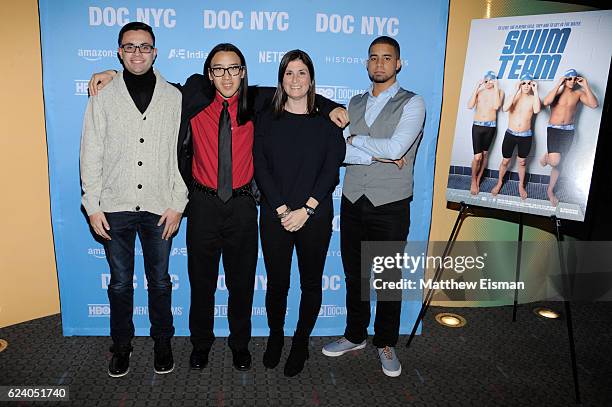 Mikey McQuay Jr., Kelvin Truong, Lara Stolman and Robbie Justino attend the New York premiere of "Swim Team" at DOC NYC on November 17, 2016 in New...