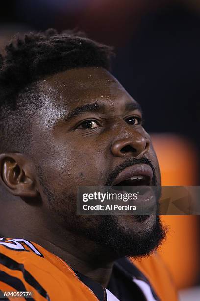 Linebacker Vontaze Burfict of the Cincinnati Bengals follows the action against the New York Giants in the game at MetLife Stadium on November 14,...