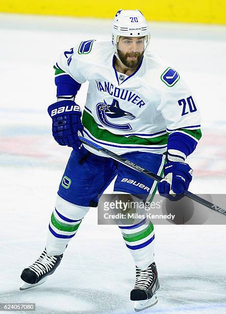 Chris Higgins of the Vancouver Canucks plays in the game against the Philadelphia Flyers at the Wells Fargo Center on December 17, 2015 in...