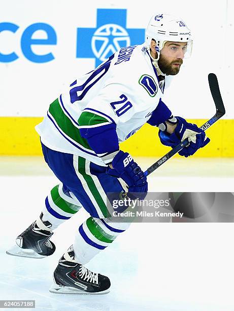 Chris Higgins of the Vancouver Canucks plays in the game against the Philadelphia Flyers at the Wells Fargo Center on December 17, 2015 in...