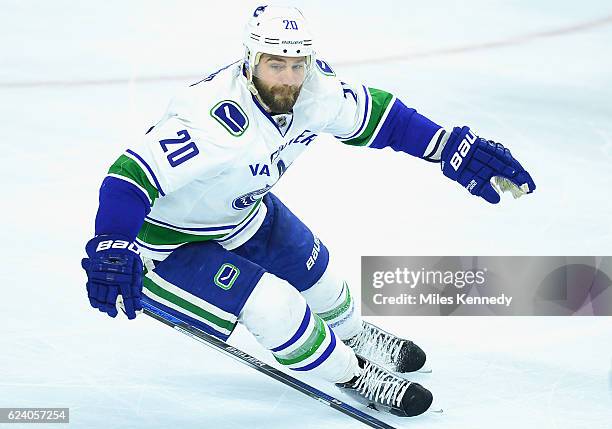 Chris Higgins of the Vancouver Canucks plays in the game against the Philadelphia Flyers at the Wells Fargo Center on December 17, 2015 in...