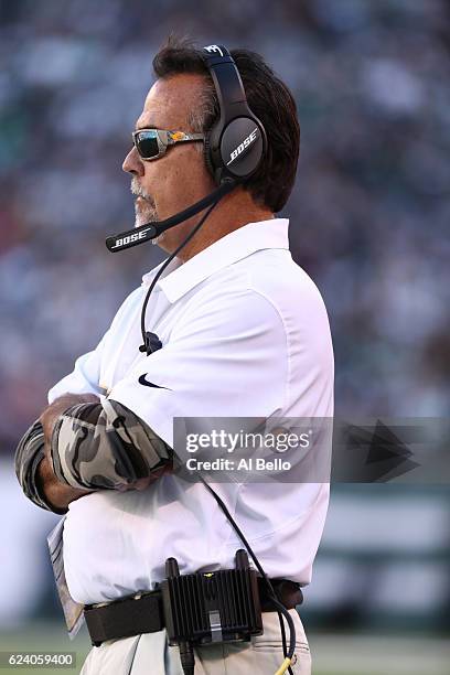 Head coach Jeff Fisher of the Los Angeles Rams looks on against the New York Jets at MetLife Stadium on November 13, 2016 in East Rutherford, New...