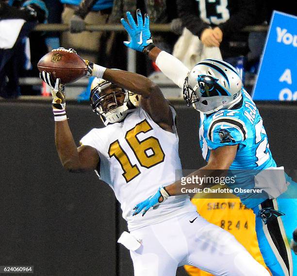New Orleans Saints wide receiver Brandon Coleman makes a 9-yard touchdown catch against Carolina Panthers cornerback Robert McClain in the fourth...