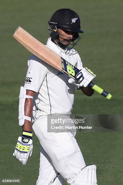 Jeet Raval of New Zealand celebrates his half century during day two of the First Test between New Zealand and Pakistan at Hagley Oval on November...