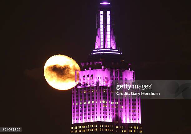 The moon rises behind the Empire State Building in New York City, shining in purple to honor the March of Dimes and World Prematurity Day on November...