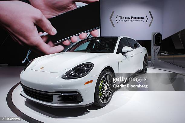 The Porsche Automobil Holding SE Panamera 4 E-Hybrid sports vehicle is displayed during Automobility LA ahead of the Los Angeles Auto Show in Los...