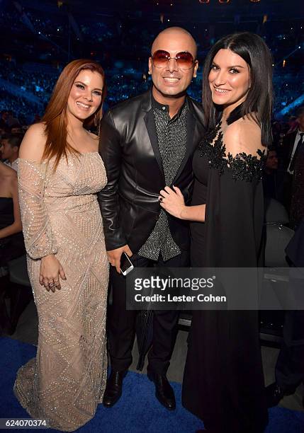 Yomaira Orti and recording artists Wisin and Laura Pausini attend The 17th Annual Latin Grammy Awards at T-Mobile Arena on November 17, 2016 in Las...