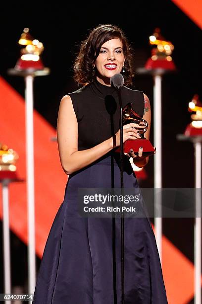 Singer Maria do Ceu Whitaker Pocas accepts Best Portuguese Language Contemporary Pop Album for 'Tropix' onstage during The 17th Annual Latin Grammy...
