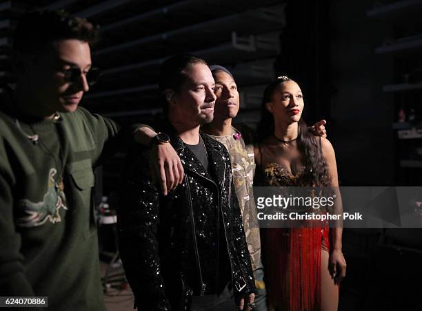 Recording artists Sky, J Balvin, Pharrell Williams and BIA attend The 17th Annual Latin Grammy Awards at T-Mobile Arena on November 17, 2016 in Las...