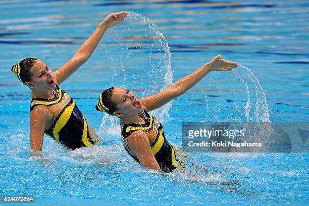 Alexandra Nemich and Yekterina Nemich of Kazakhstan competes in Synchronized Swimming Duet technikal routine final during the 10th Asian Swimming...