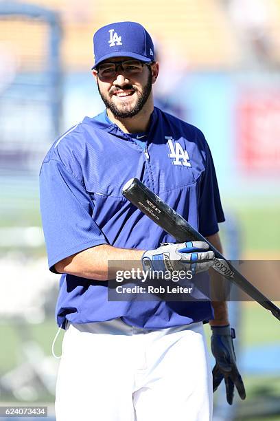 Rob Segedin of the Los Angeles Dodgers looks on before Game 5 of the NLCS against the Chicago Cubs at Dodger Stadium on Wednesday, October 20, 2016...