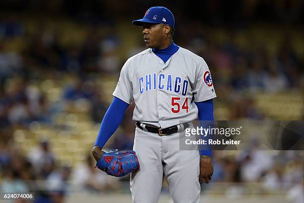 Aroldis Chapman of the Chicago Cubs pitches during Game 5 of the NLCS against the Los Angeles Dodgers at Dodger Stadium on Wednesday, October 20,...