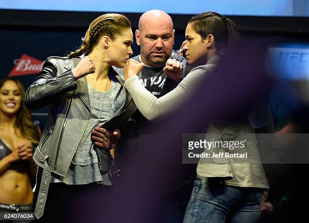 Former UFC bantamweight champion Ronda Rousey and UFC bantamweight champion Amanda Nunes face off after the UFC 205 weigh-in inside Madison Square...