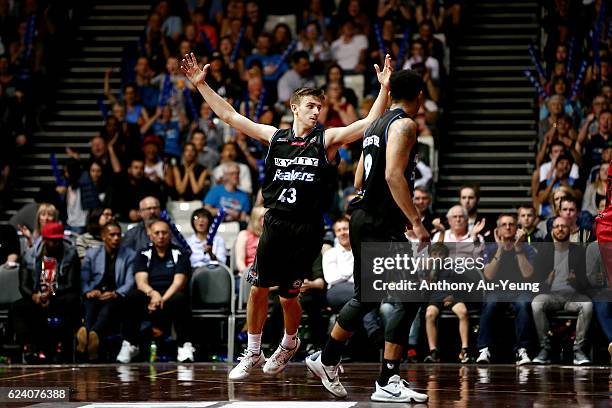 David Stockton of the Breakers celebrates a basket during the round seven NBL match between the New Zealand Breakers and the Illawarra Hawks at North...