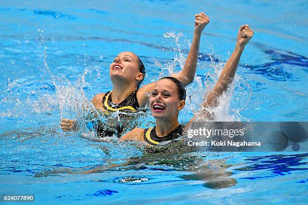 Alexandra Nemich and Yekterina Nemich of Kazakhstan competes in Synchronized Swimming Duet technikal routine final during the 10th Asian Swimming...